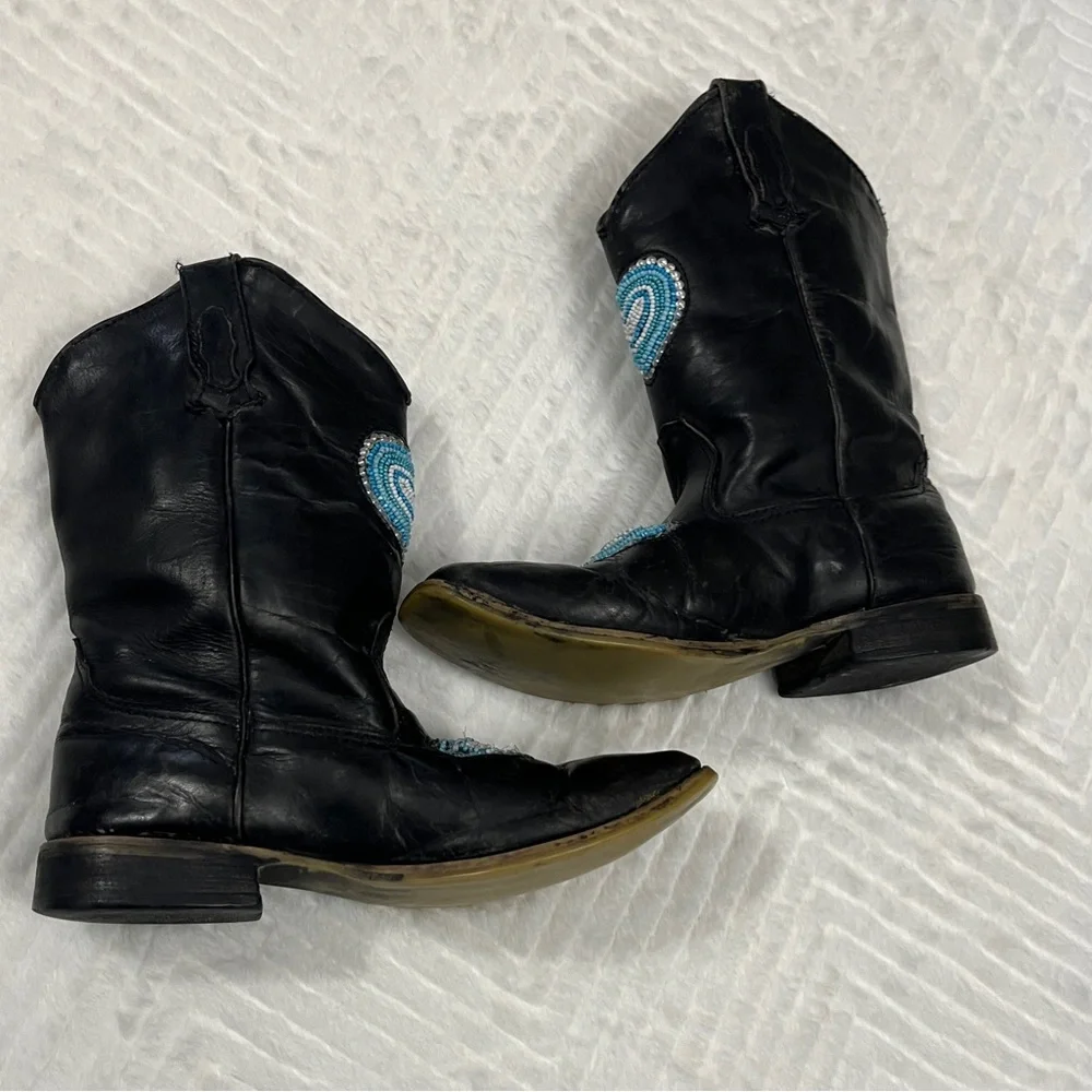 Roper Black Turquoise Kid‎ Cowgirl Boots size 3 western beads leather